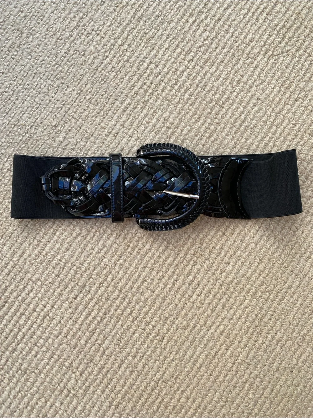 Motif 56 Wide Black Patent Woven Belt w/Elastic M